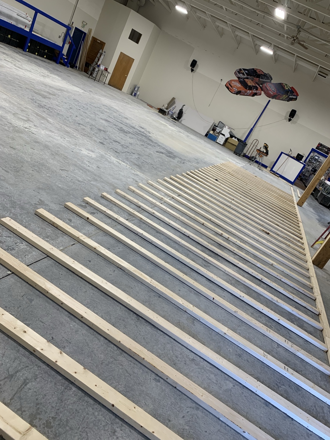 Wood framing being installed for the Indy RC main track subfloor